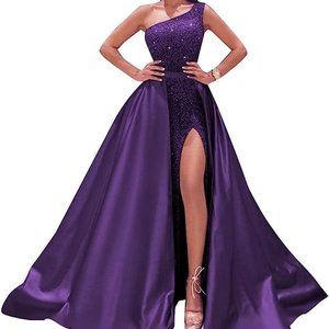 Women's One Shoulder Sequin Dress Long Satin Evening Sparkly Mermaid with Slit
